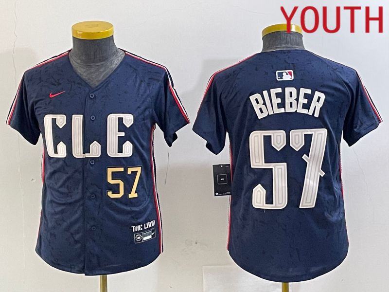 Youth Cleveland Indians 57 Bieber Blue City Edition Nike 2024 MLB Jersey style 3